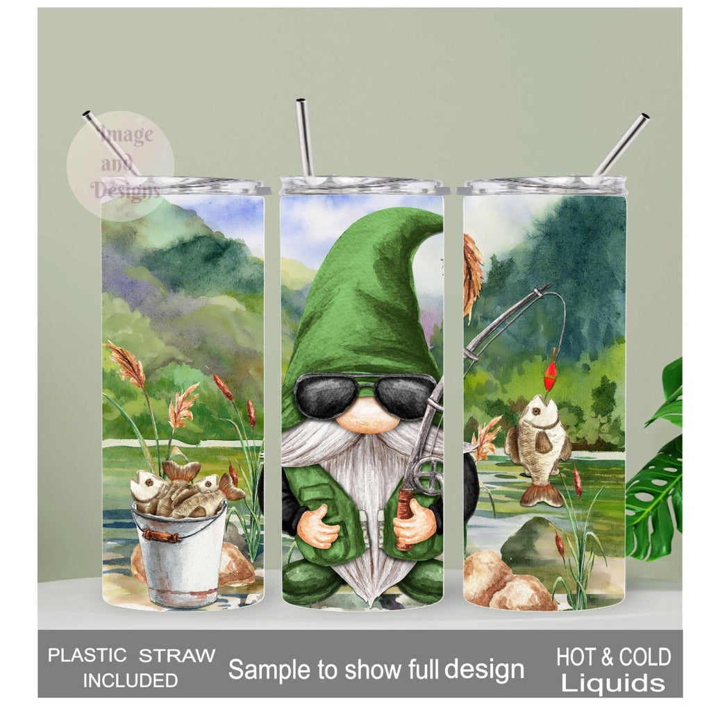 Fishing Gnome Tumbler 20oz With Reusable Straw, Can Be Personalized