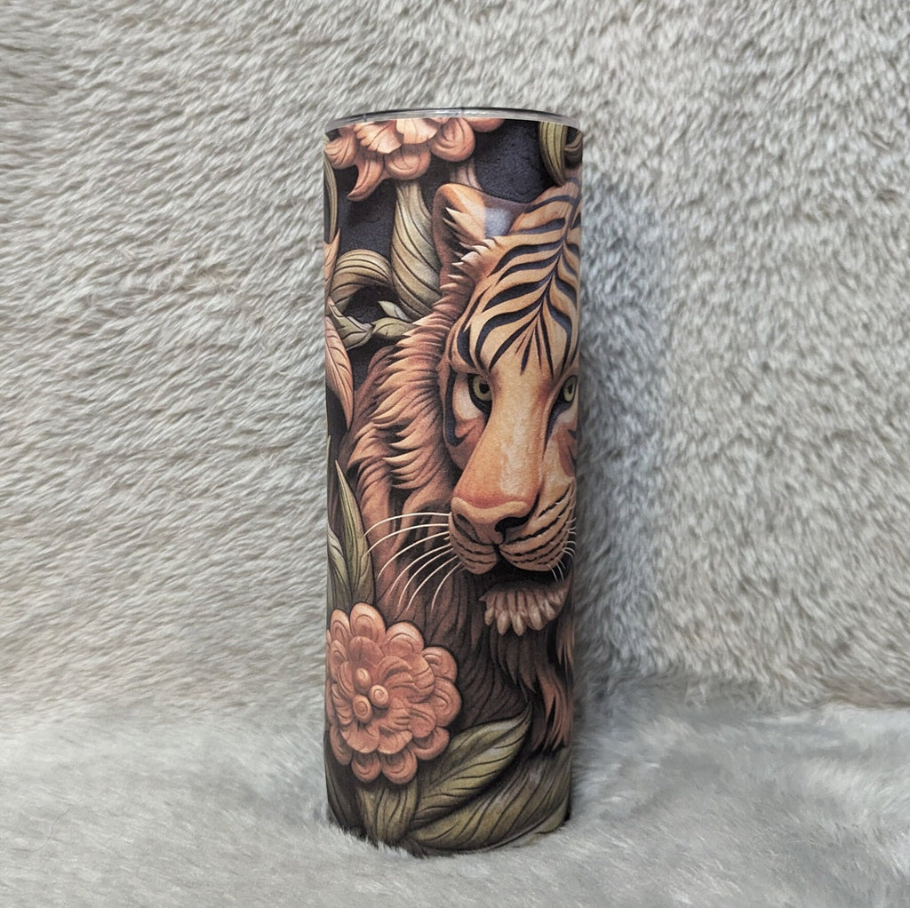 Tiger Tumbler With A Wood Carved Design  20oz With Reusable Straw, Can Be Personalized