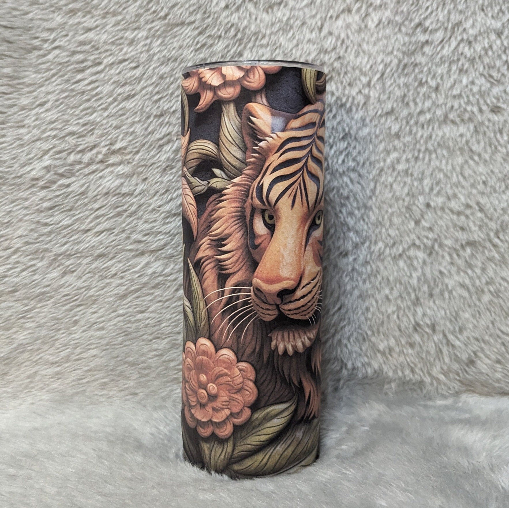 Tiger Tumbler With A Wood Carved Design  20oz With Reusable Straw, Can Be Personalized