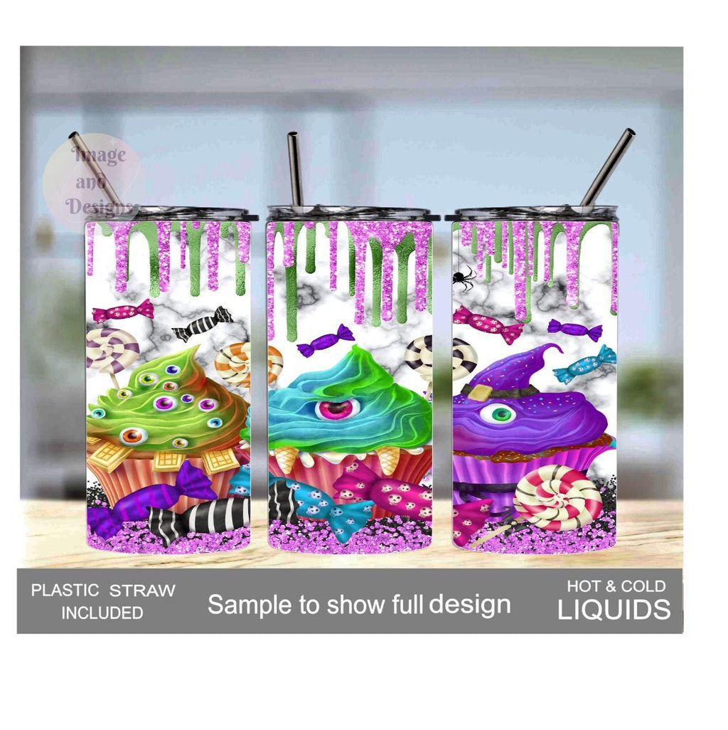 Kids Halloween Monster Cupcake Tumbler 15oz With Reusable Straw, Can Be Personalized