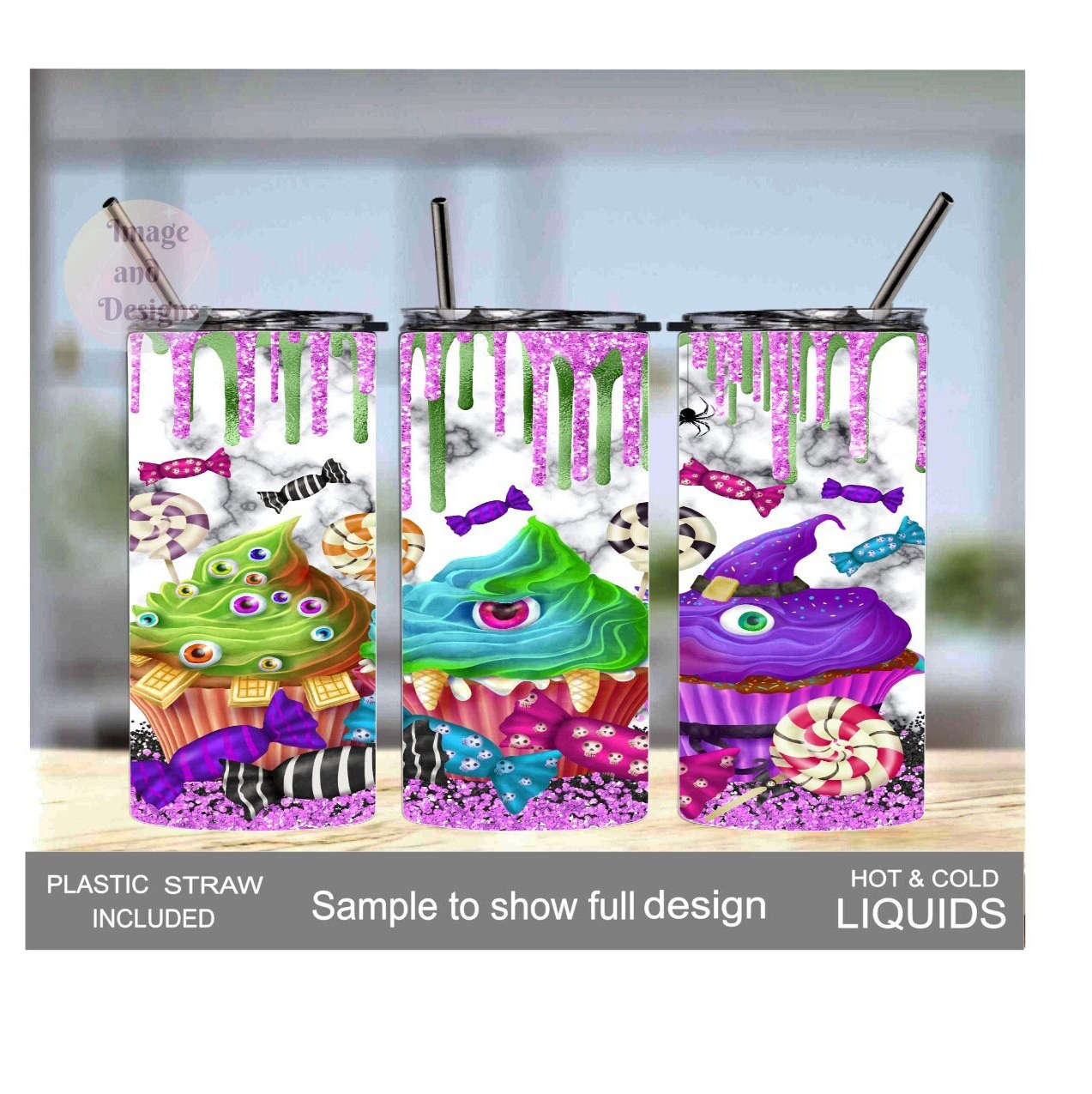 Kids Halloween Monster Cupcake Tumbler 15oz With Reusable Straw, Can Be Personalized