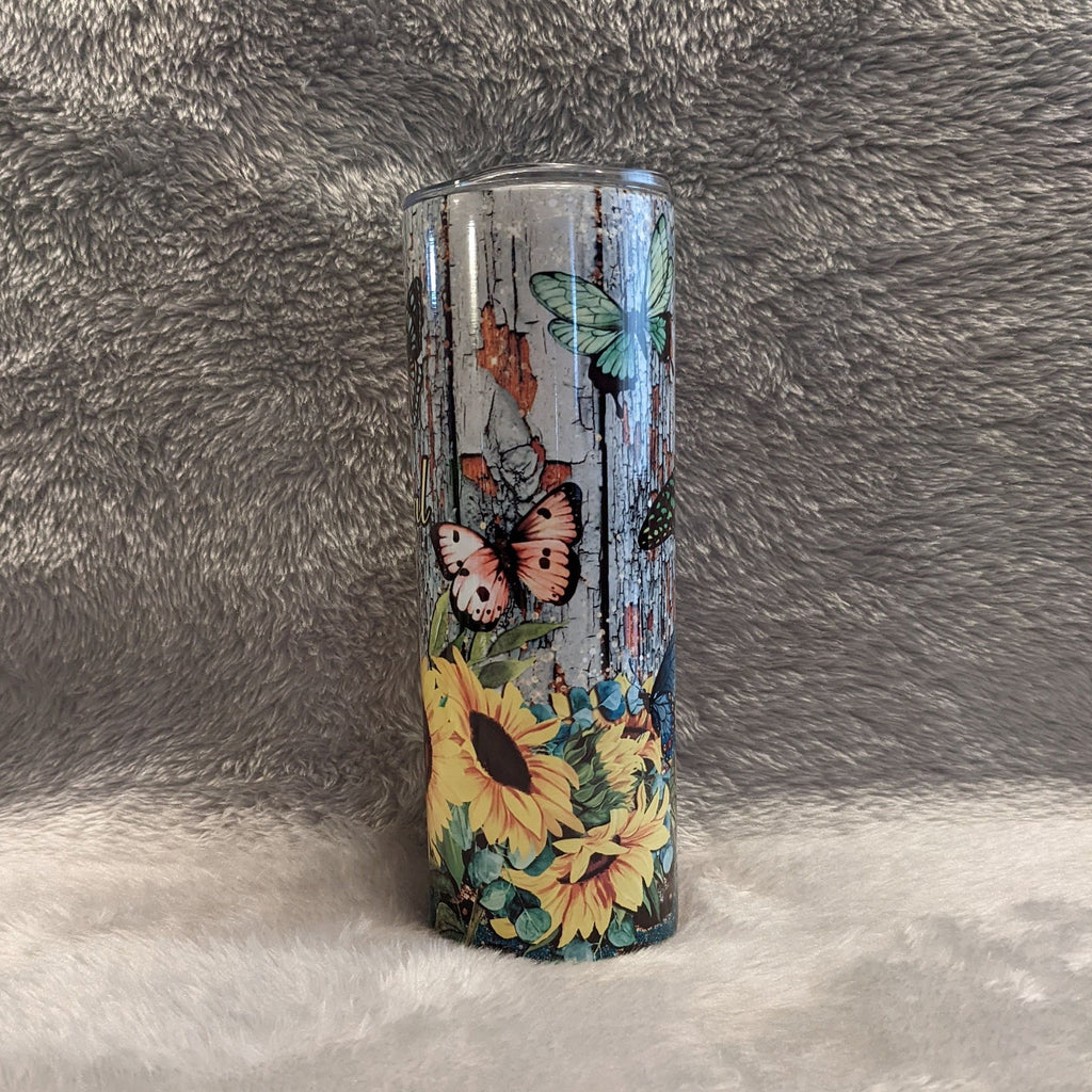 Butterflies and Sunflowers Tumbler 20oz With Reusable Straw, Can Be Personalized