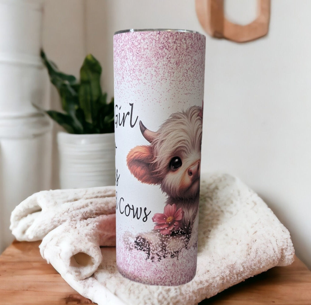 Just A Girl Who Loves Highland Cows Tumbler with A Glitter Design 20oz With Reusable Straw, Can Be Personalized