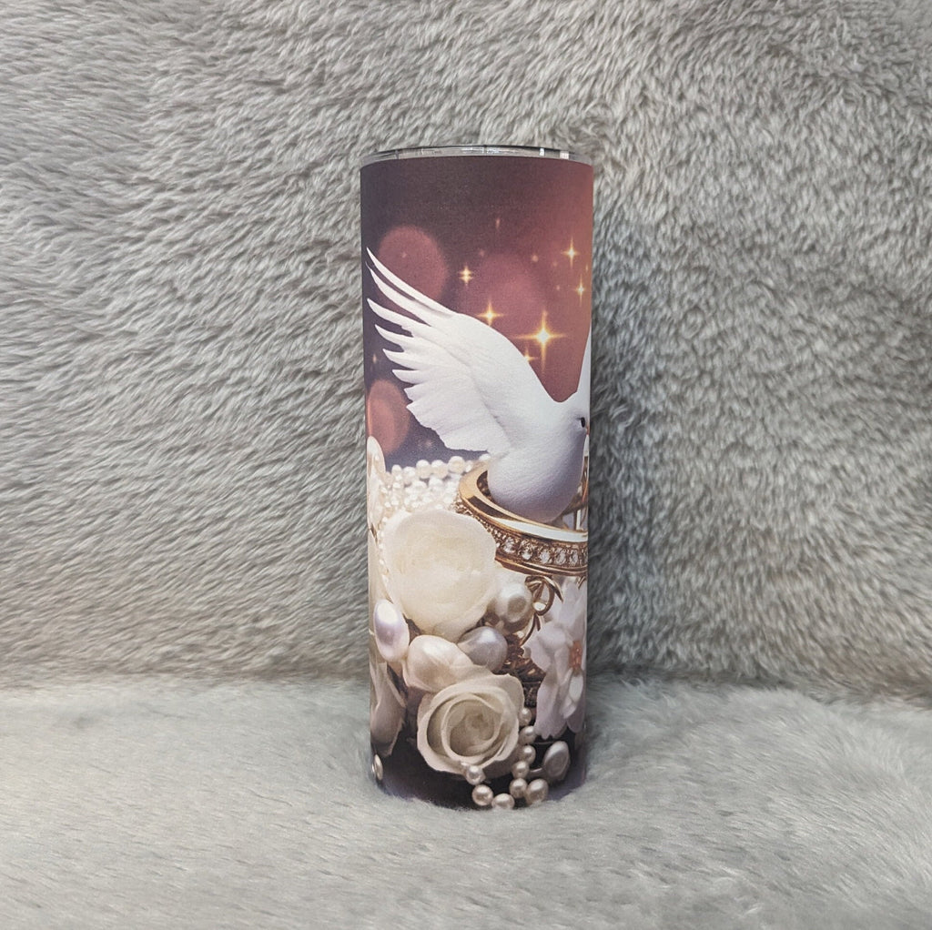 White Doves Wedding Tumbler 20oz With Reusable Straw, Can Be Personalized