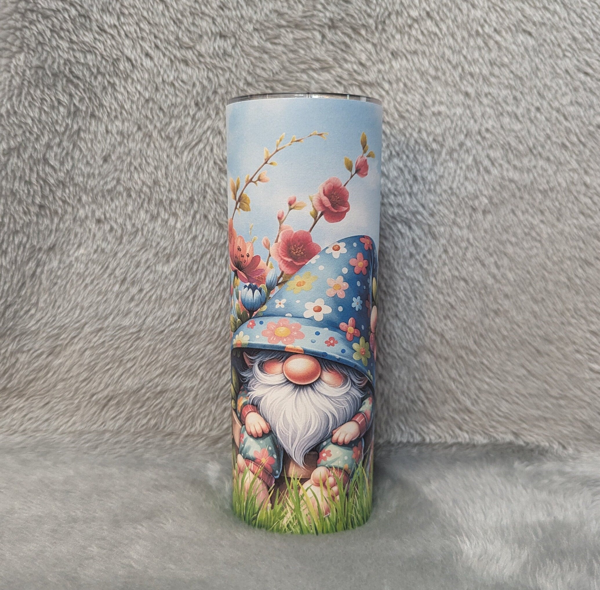 Gnome Tumbler With Pretty Flowers 20oz With Reusable Straw, Can Be Personalized