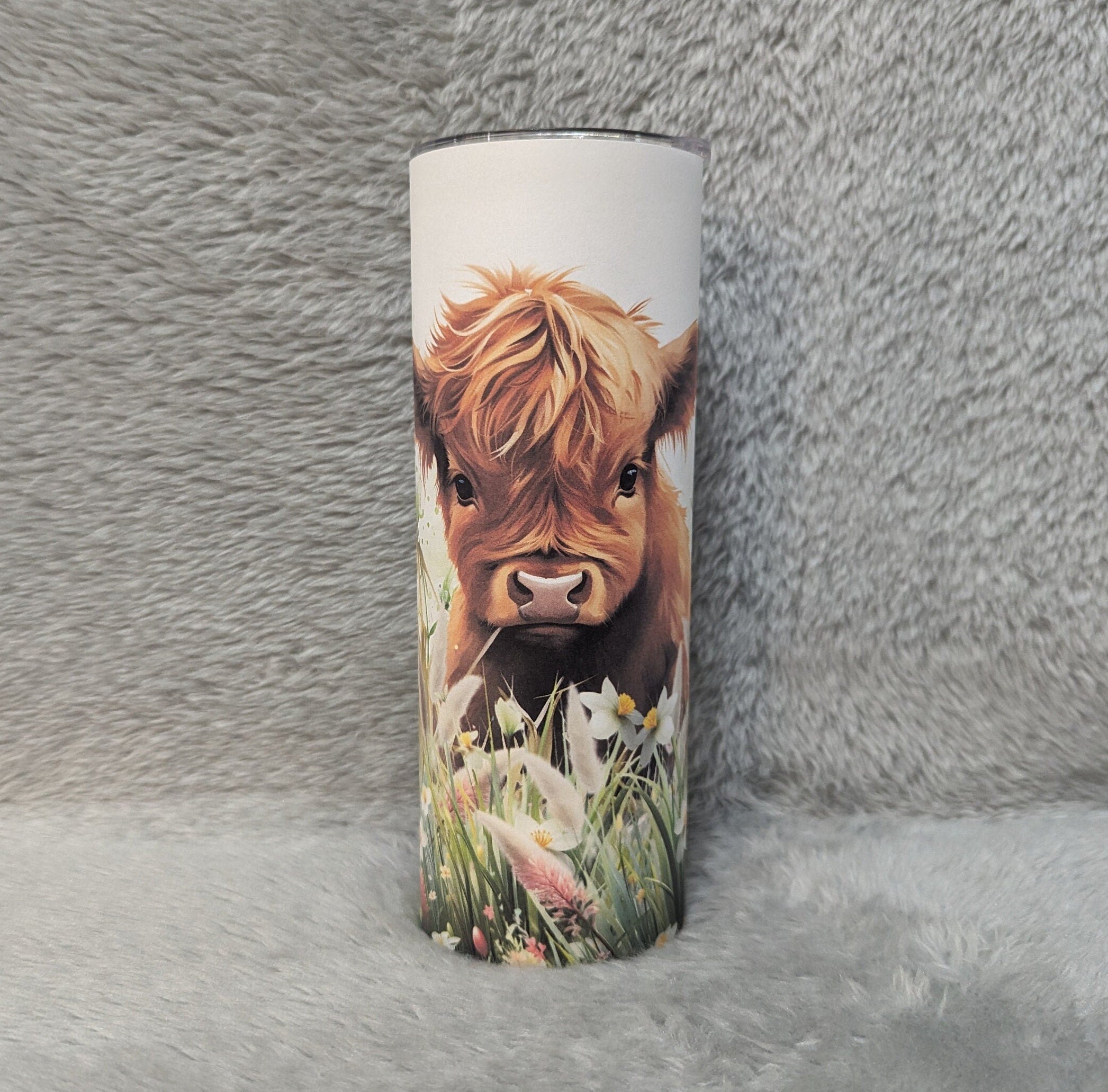 Adorable Highland Cow Calf Tumbler 20oz With Reusable Straw, Can Be Personalized