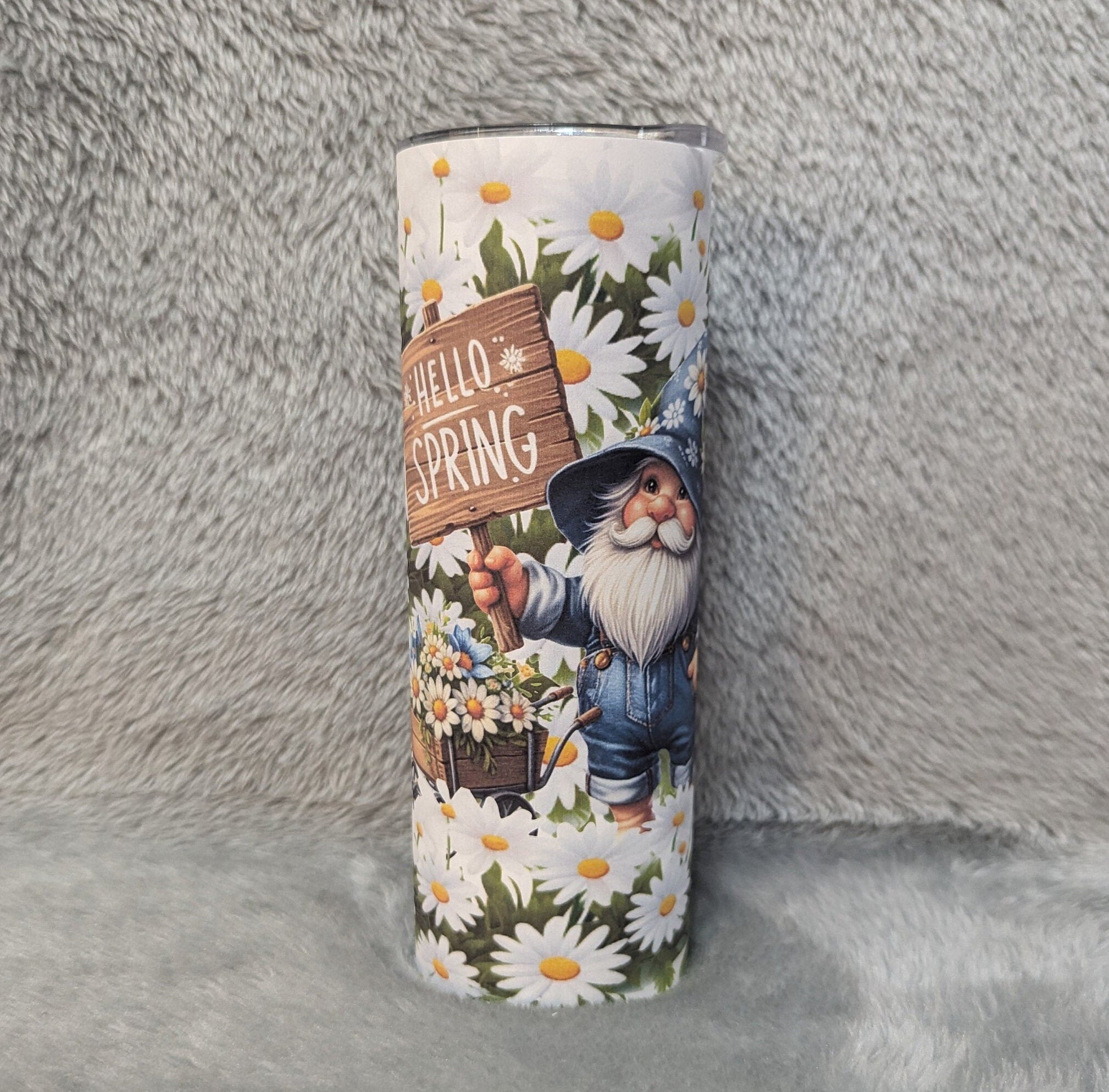 Hello Spring Gnome Tumbler 20oz With Reusable Straw, Can Be Personalized