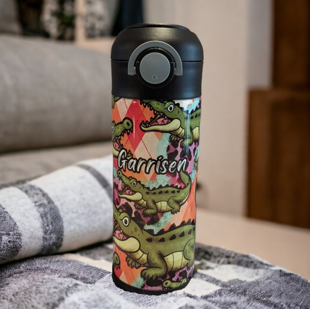 Kids Crocodile Water Bottle 12oz With Reusable Straw Can Be Personalized