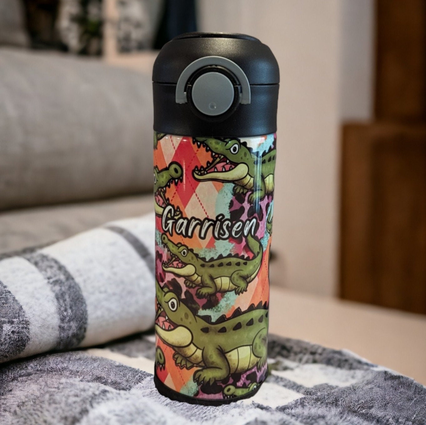 Kids Crocodile Water Bottle 12oz With Reusable Straw Can Be Personalized
