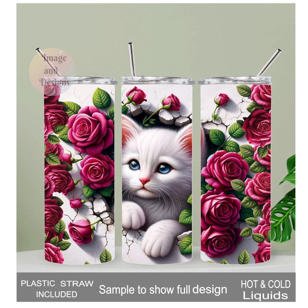 White Kitten Tumbler with Red Roses  20oz With Reusable Straw, Can Be Personalized