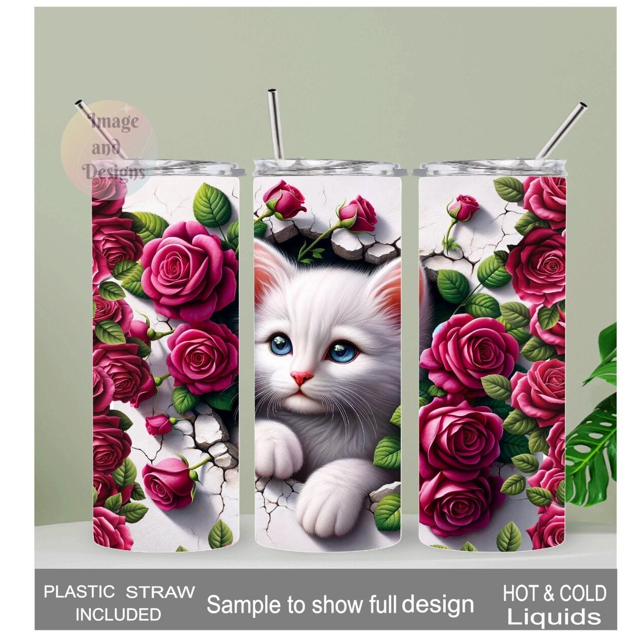White Kitten Tumbler with Red Roses  20oz With Reusable Straw, Can Be Personalized