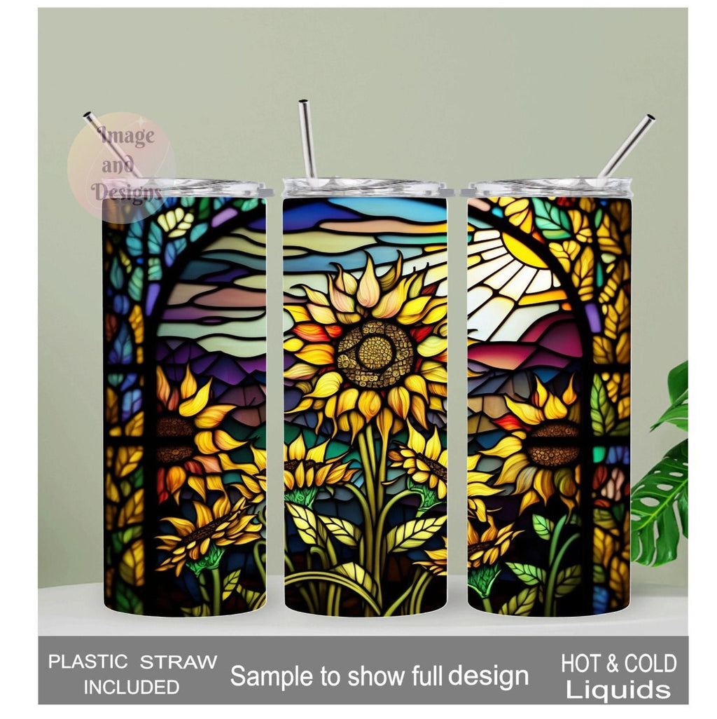 Pretty Sunflower Tumbler With A Stained Glass Design 20oz With Reusable Straw