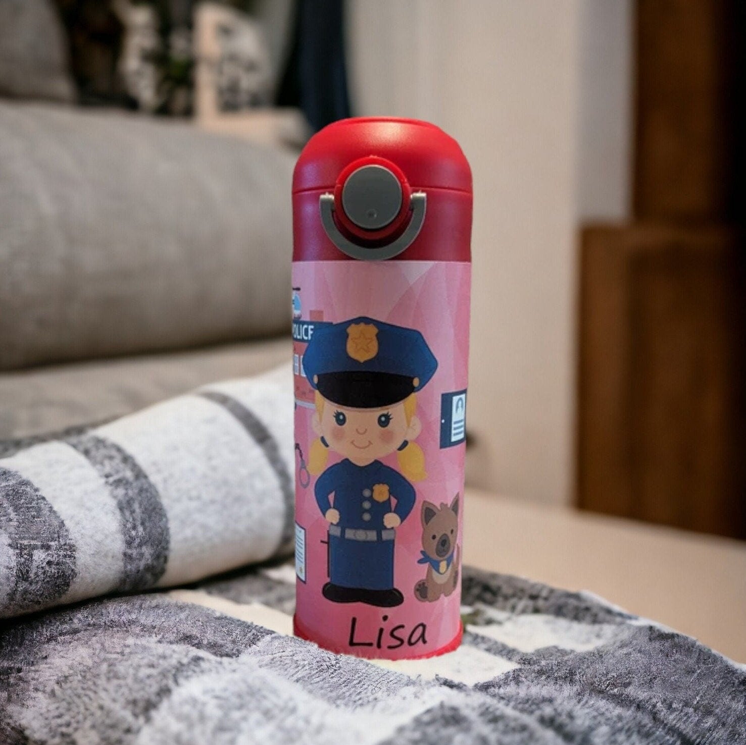 Kids Girl Cop Water Bottle 12oz With Reusable Straw, Can Be Personalized