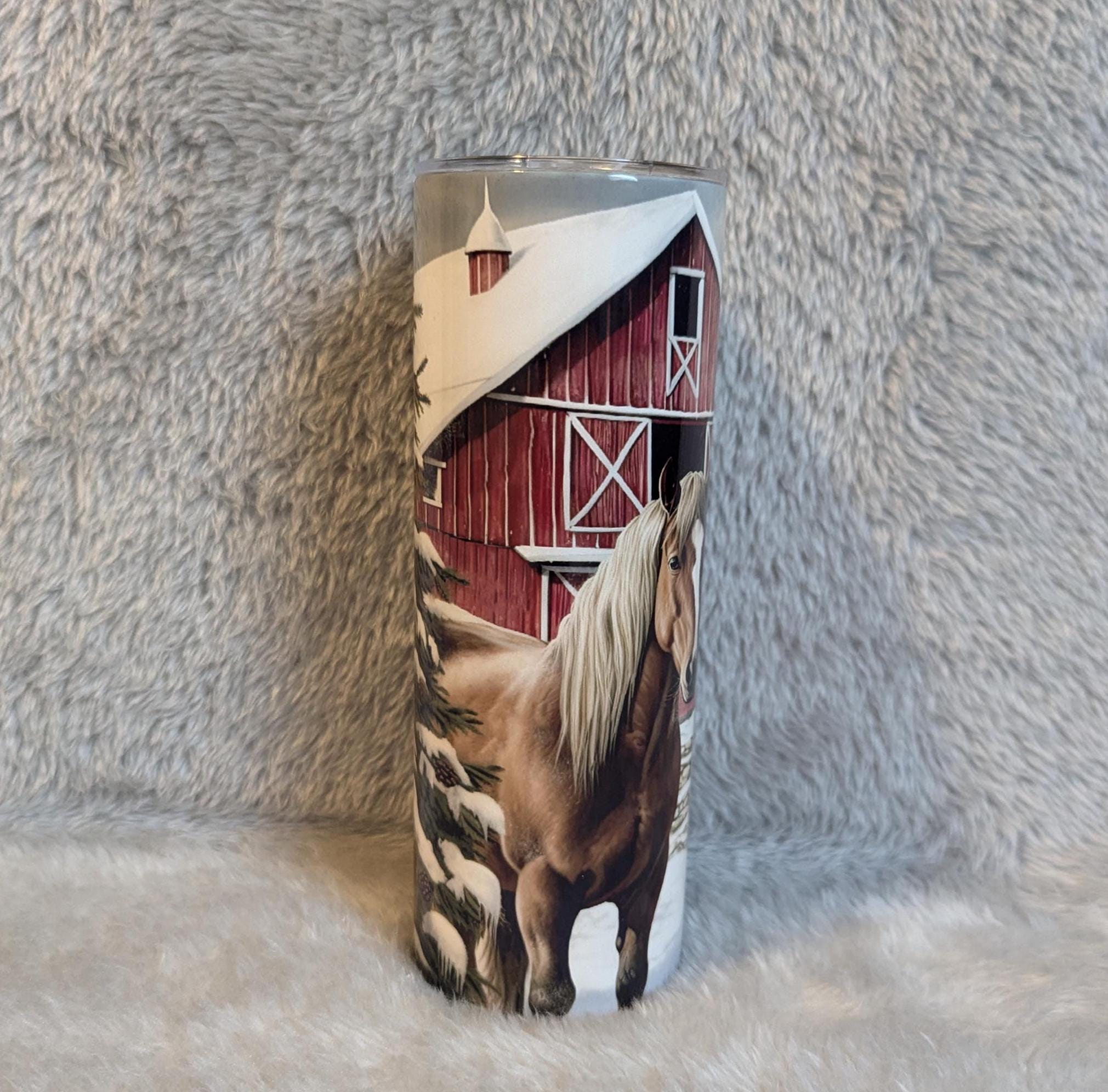 Horse Tumbler with Horses By the Barn and a Snow Scene Background 20oz With Reusable Straw, Can Be Personalized