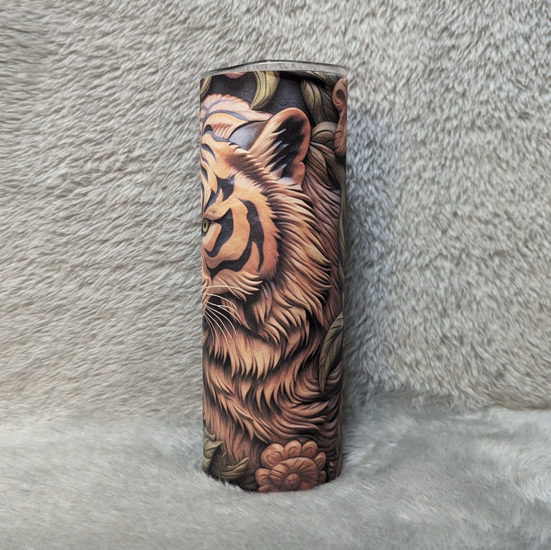 Tiger Tumbler With A Wood Carved Design  20oz With Reusable Straw, Can Be Personalized