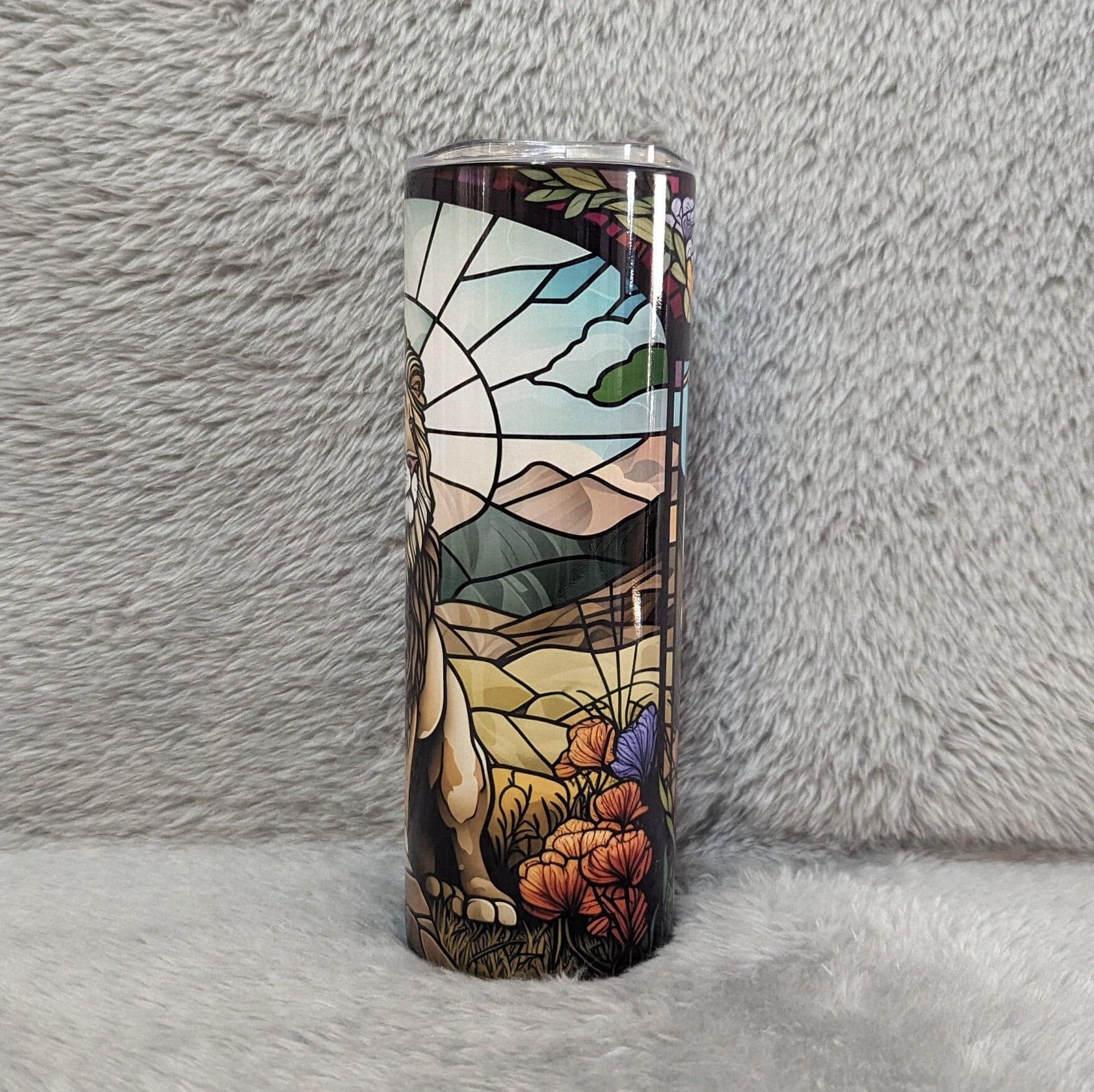 Lion Tumbler With A Stained Glass Design 20oz With Reusable Straw, Can Be Personalized