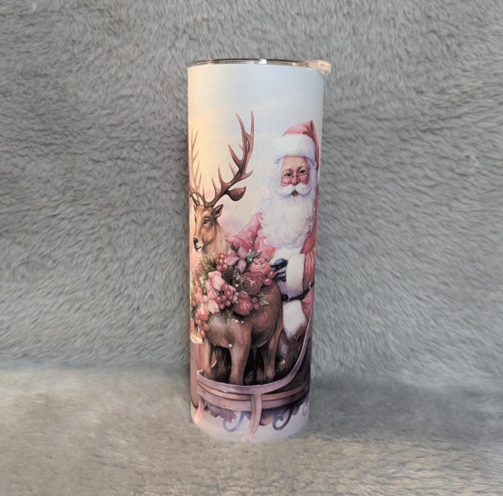Pink Santa Christmas Tumbler 20oz With Reusable Straw, Can Be Personalized