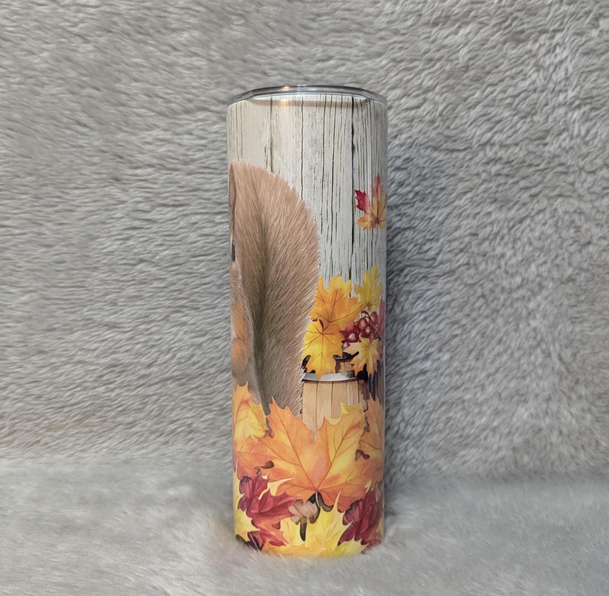 Squirrel Tumbler with Autumn Leaves 20oz With Reusable Straw, Can Be Personalized