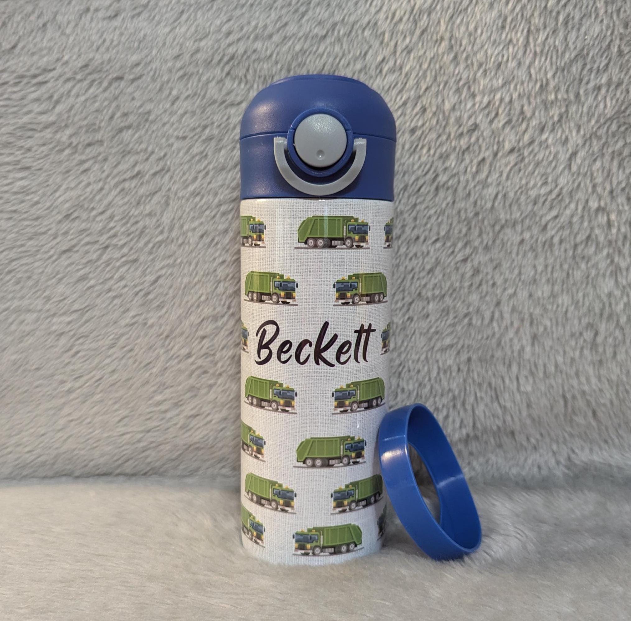 Kids Garbage Truck Water Bottle 12oz With Reusable Straw, Can Be Personalized