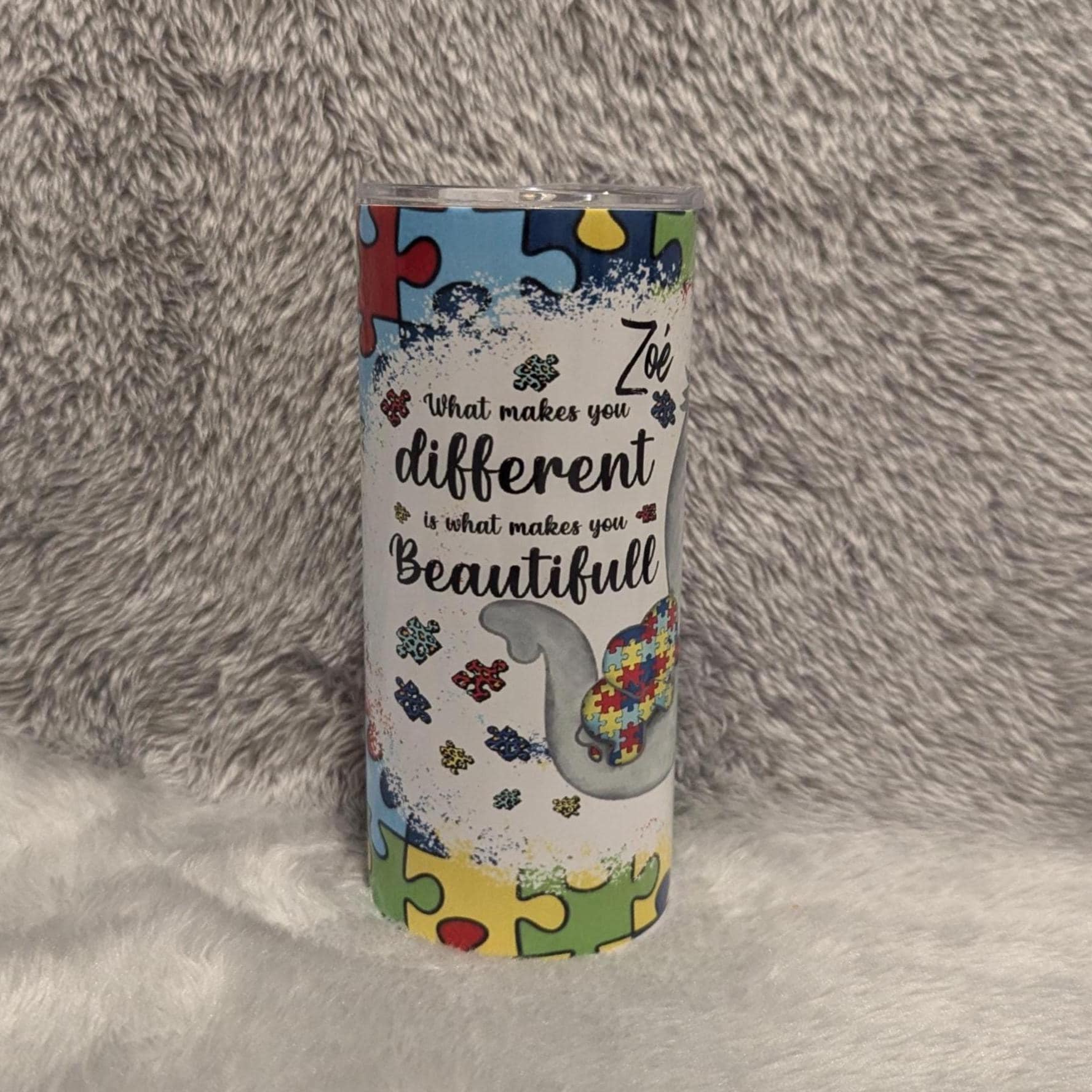 Autism Tumbler With A Cute Elephant 15oz With Reusable Straw, Can Be Personalized