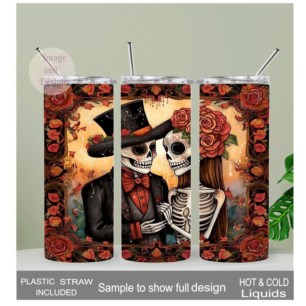Skeleton Tumbler Featuring a Romantic Skeleton Couple and Flowers 20oz With Reusable Straw, Can Be Personalized