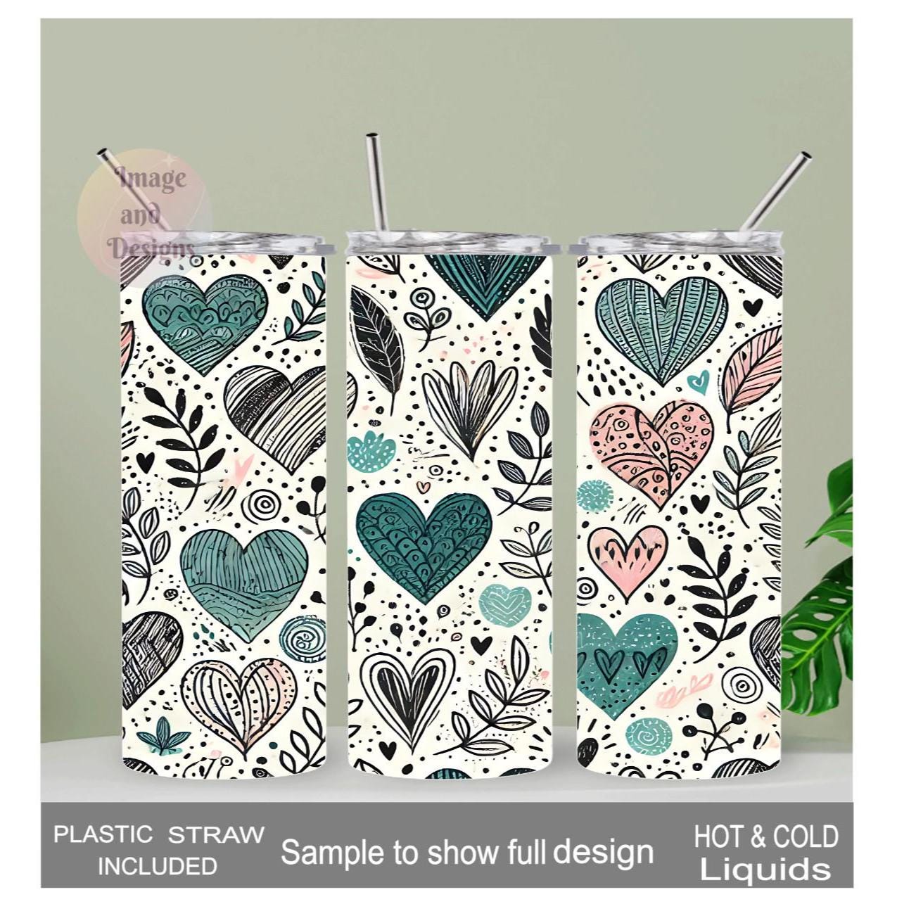 Hand Drawn Hearts Design Tumbler 20oz With Reusable Straw