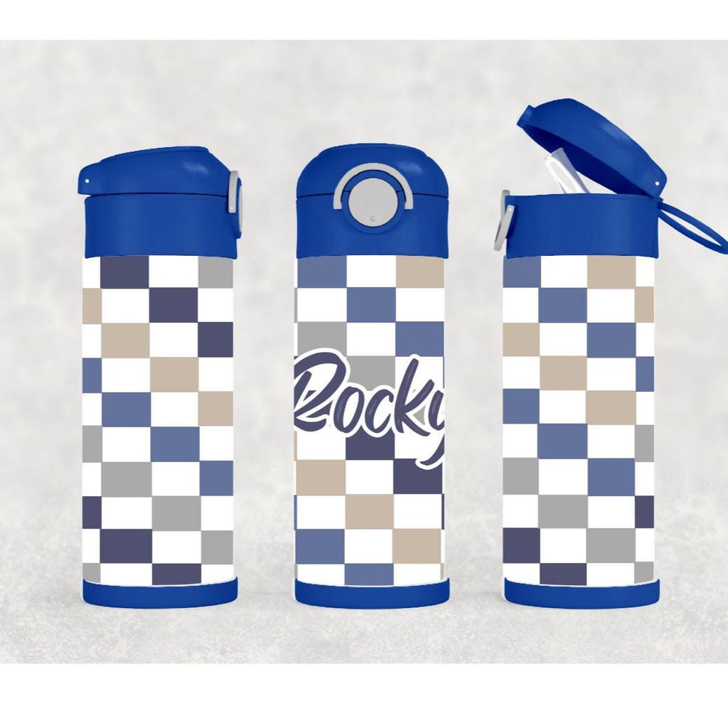Kids Checkered Water Bottle 12oz With Reusable Straw Can Be Personalized