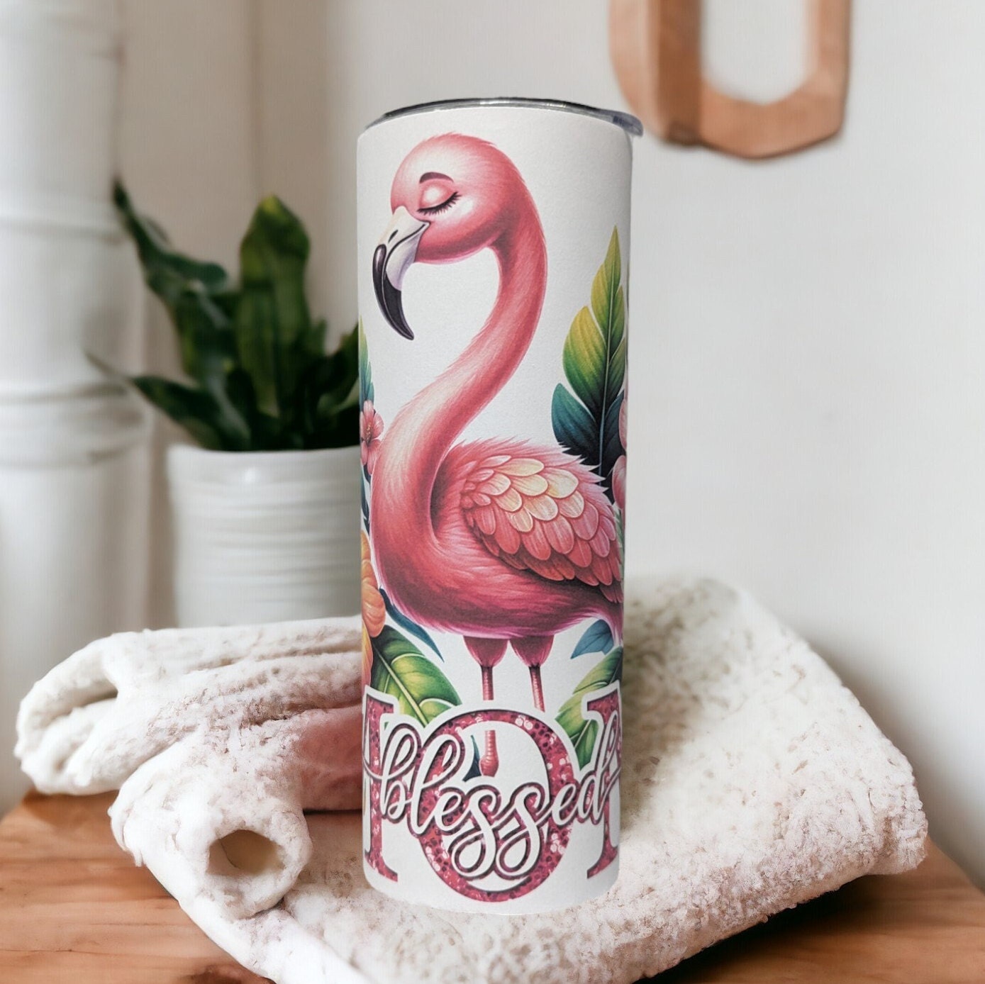 Blessed Mom Flamingo Tumbler 20oz With Reusable Straw