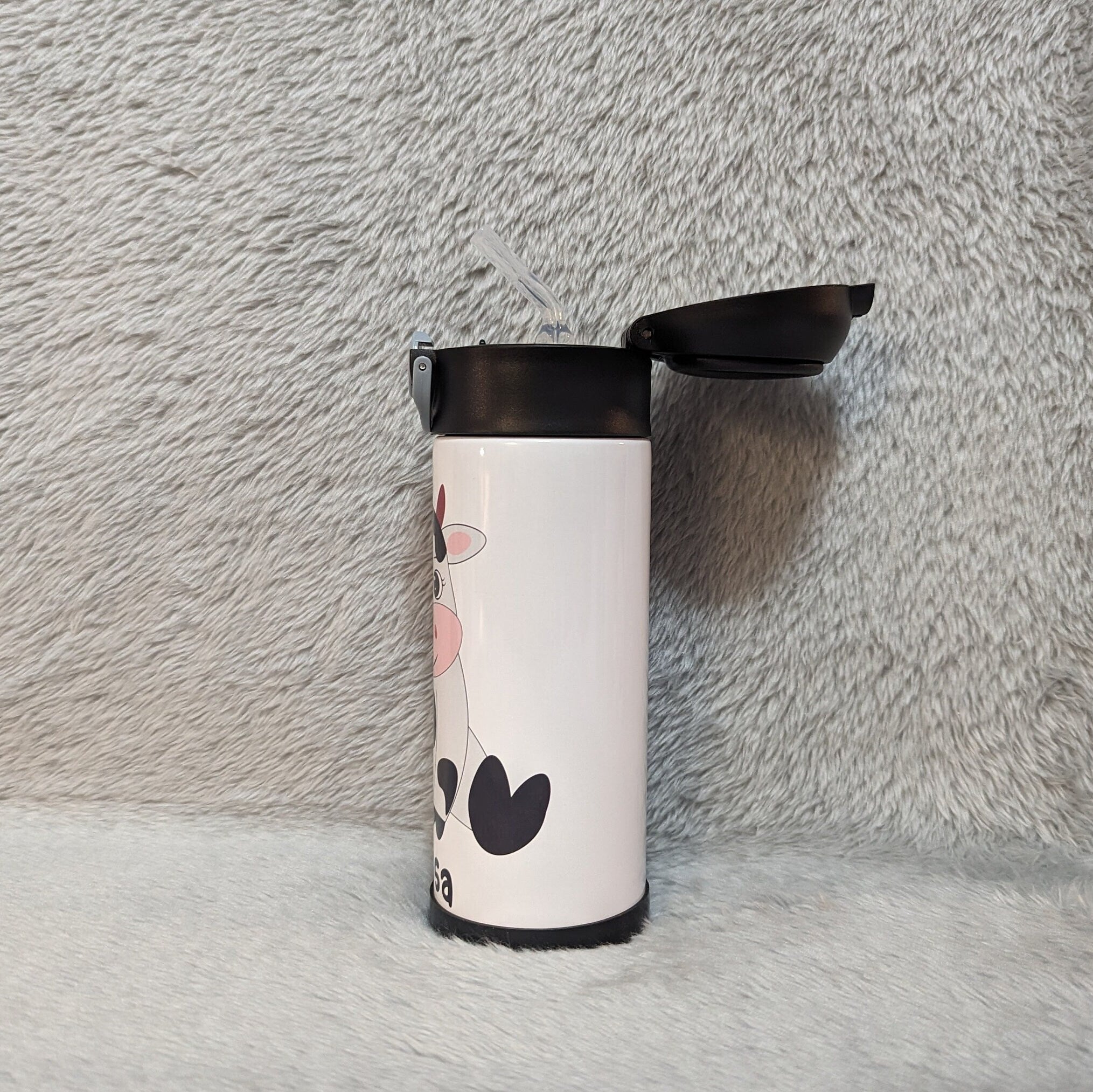 Kids Cow Water Bottle 12oz With Reusable Straw Can Be Personalized