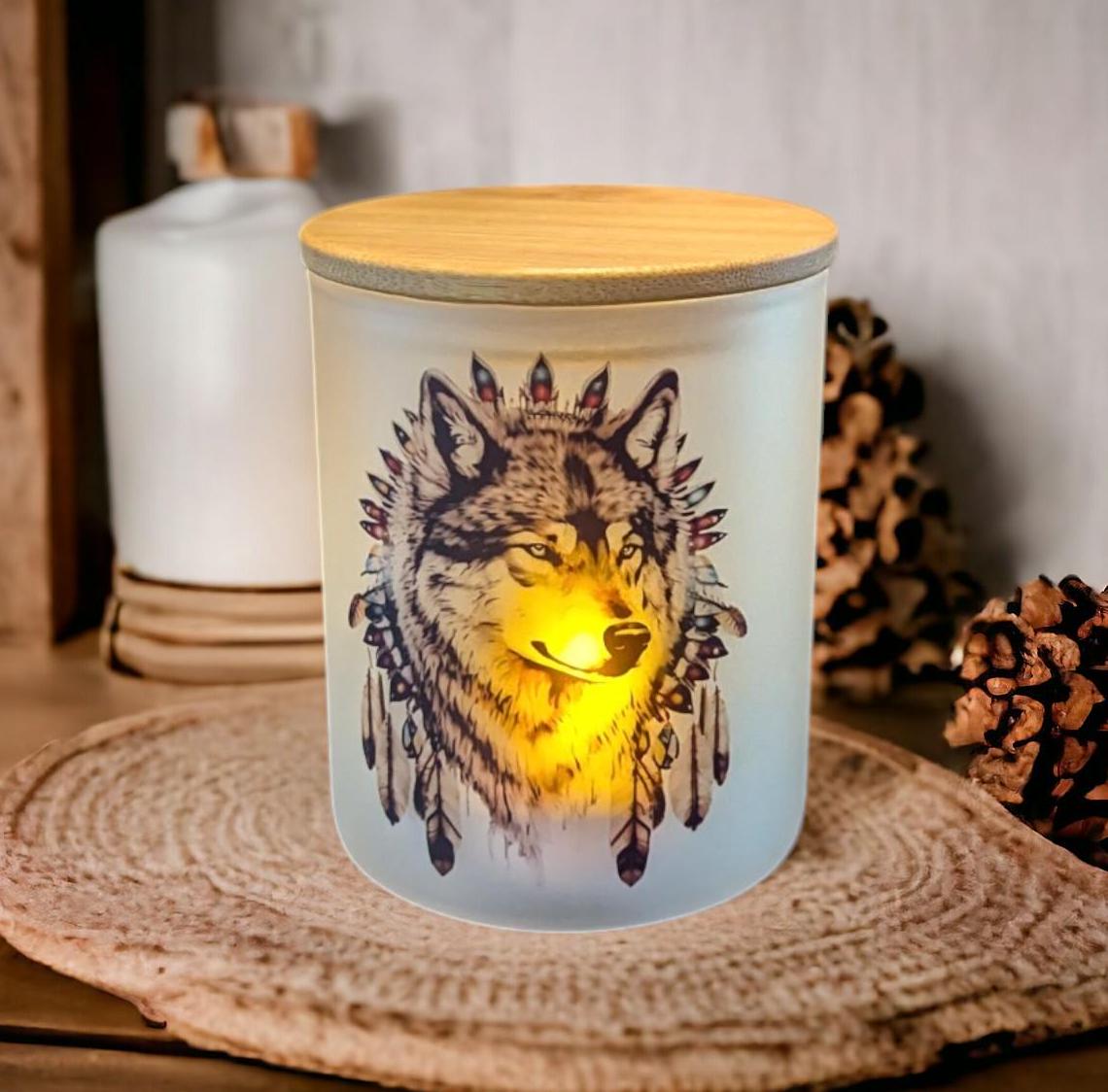 Wolf Dreamcatcher Candle Holder With A Battery Operated Flickering Tea Light