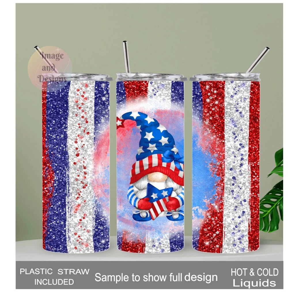 Patriotic Gnome Tumbler 20oz With Reusable Straw, Can Be Personalized