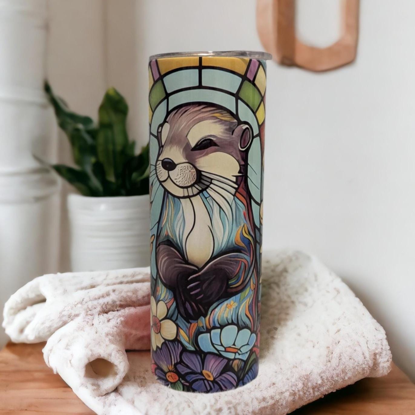 Otter Tumbler With A Stained Glass Design Tumbler 20oz With Reusable Straw, Can Be Personalized