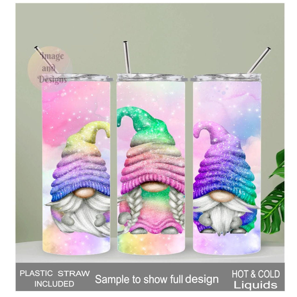 Pretty Rainbow Gnome Tumbler 20oz With Reusable Straw, Can Be Personalized