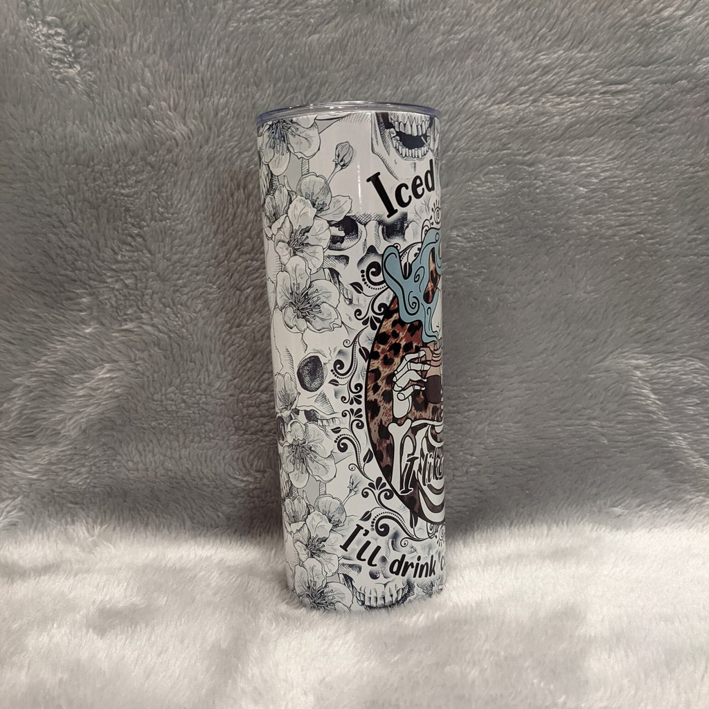 Skeleton Iced or Hot I like it a lot I'll drink coffee til I rot Coffee Tumbler, 20oz With Reusable Straw