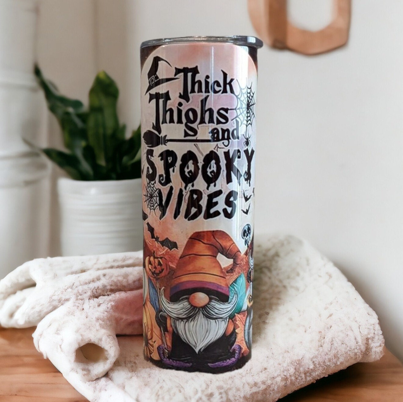 Thick Thighs and Spooky Vibes Gnome Tumbler 20oz With Reusable Straw, Can Be Personalized