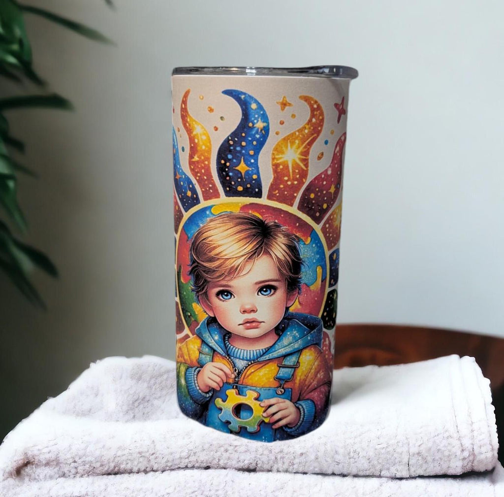 Autism Awareness Tumbler With A Cute Boy 15oz With Reusable Straw, Can Be Personalized