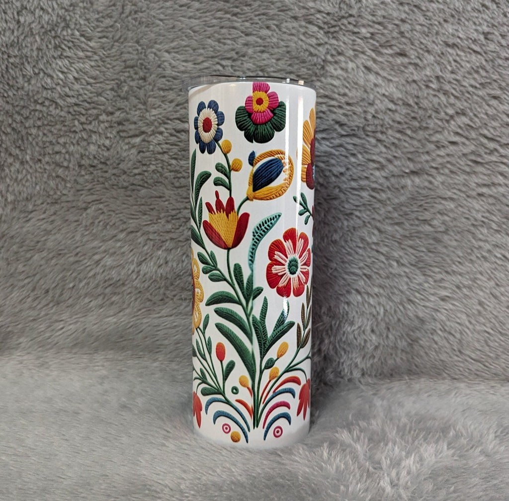 Personalized Flowers Stitch Design Tumbler 20oz Includes Reusable Straw