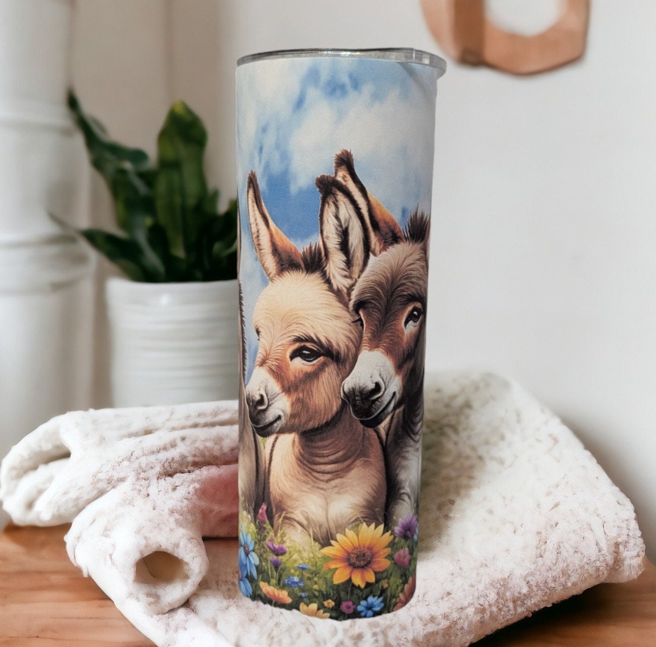 Pretty Donkey Tumbler with Flowers and Butterflies 20oz With Reusable Straw, Can Be Personalized