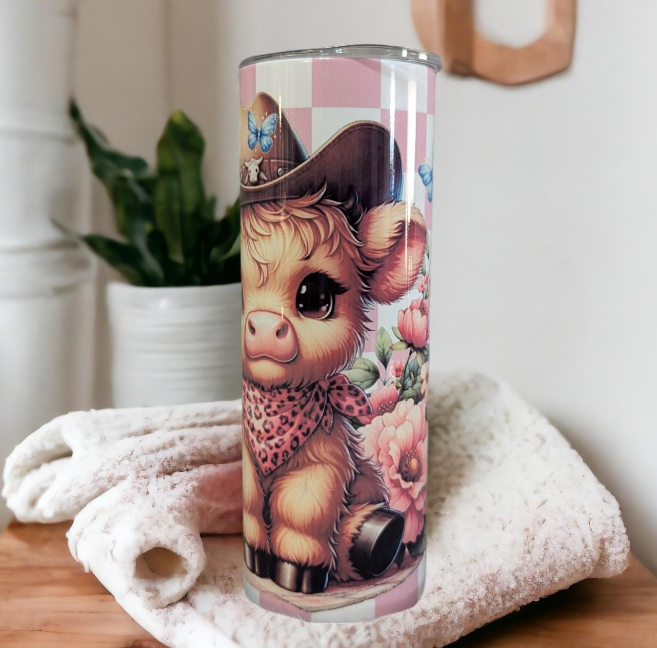 Cute Highland Cow Cowgirl Tumbler 20oz With Reusable Straw, Can Be Personalized