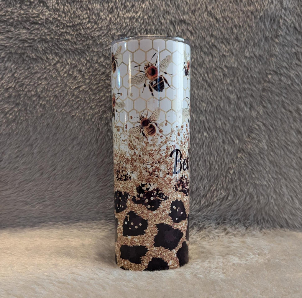 Bee Tumbler With A Glitter and Leopard Print Design 20oz Tumber With Reusable Straw, Can Be Personalized