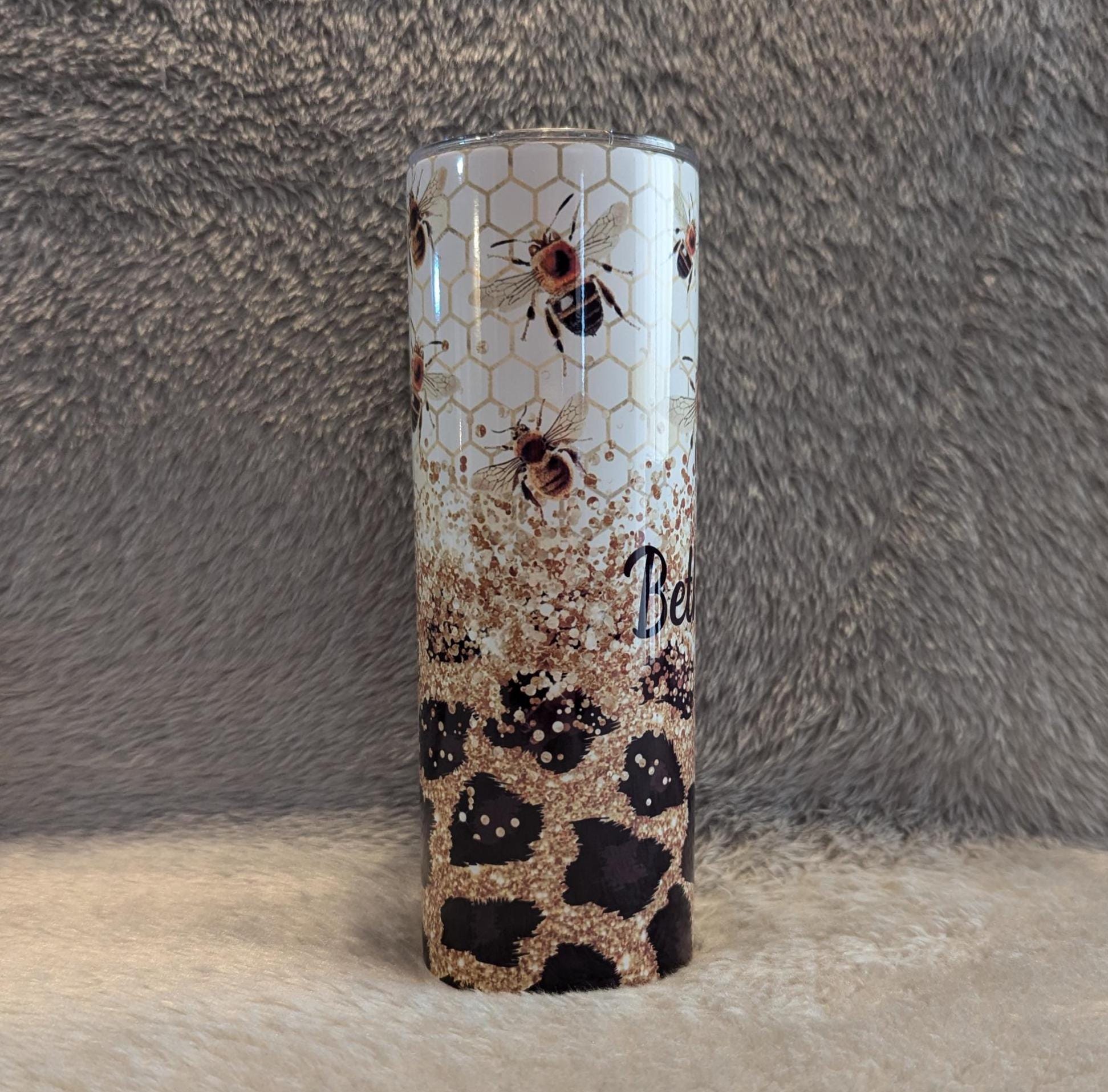 Bee Tumbler With A Glitter and Leopard Print Design 20oz Tumber With Reusable Straw, Can Be Personalized