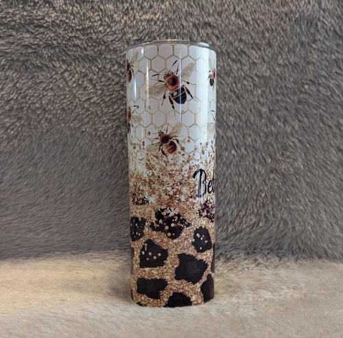 Bee Tumbler With A Glitter and Leopard Print Design 20oz Tumber With Reusable Straw, Can Be Personalized
