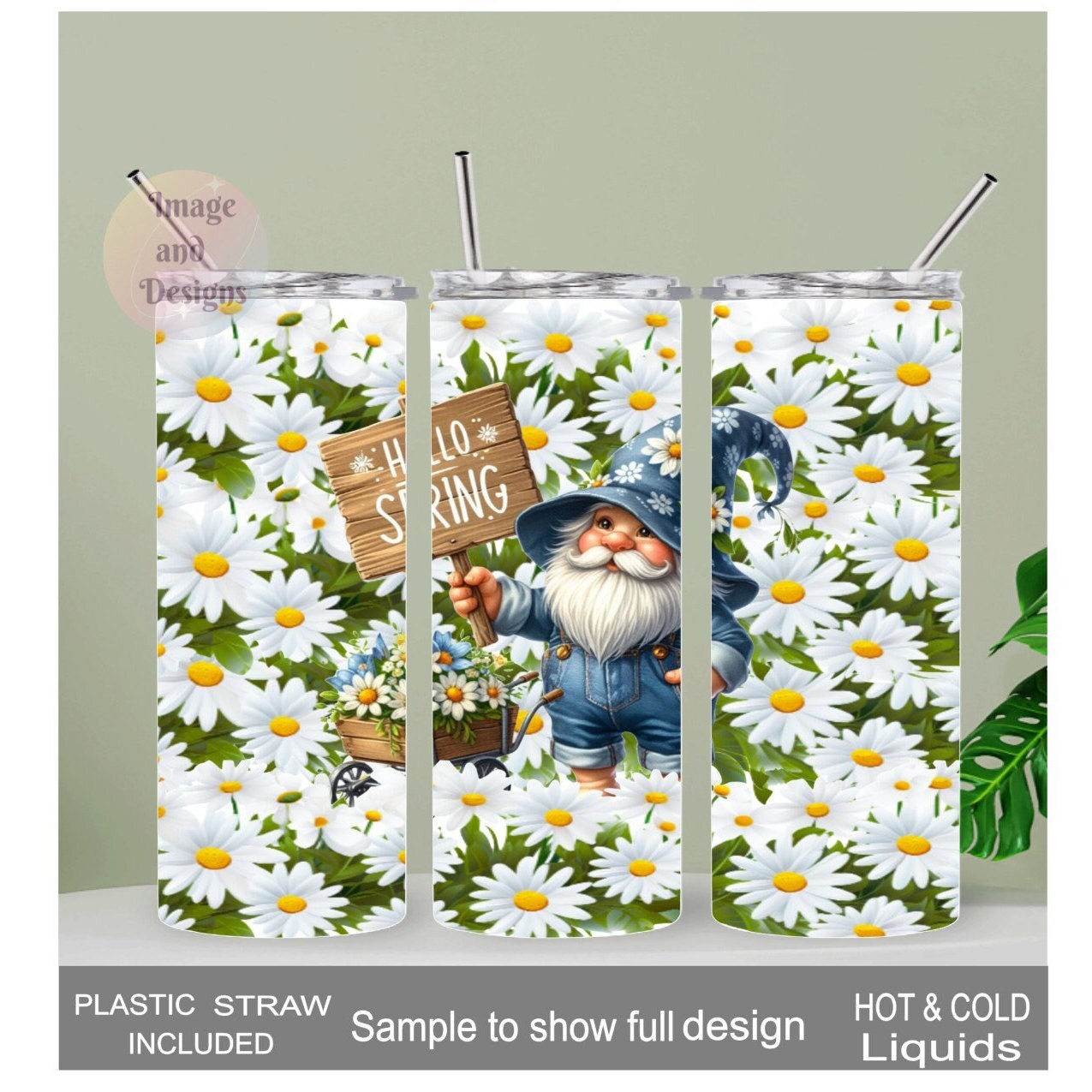 Hello Spring Gnome Tumbler 20oz With Reusable Straw, Can Be Personalized