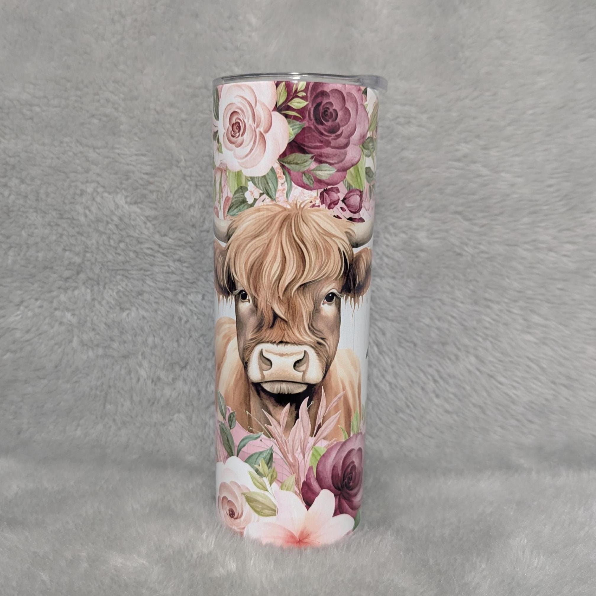 Floral Highland Cow Tumbler 20oz With Reusable Straw, Can Be Personalized