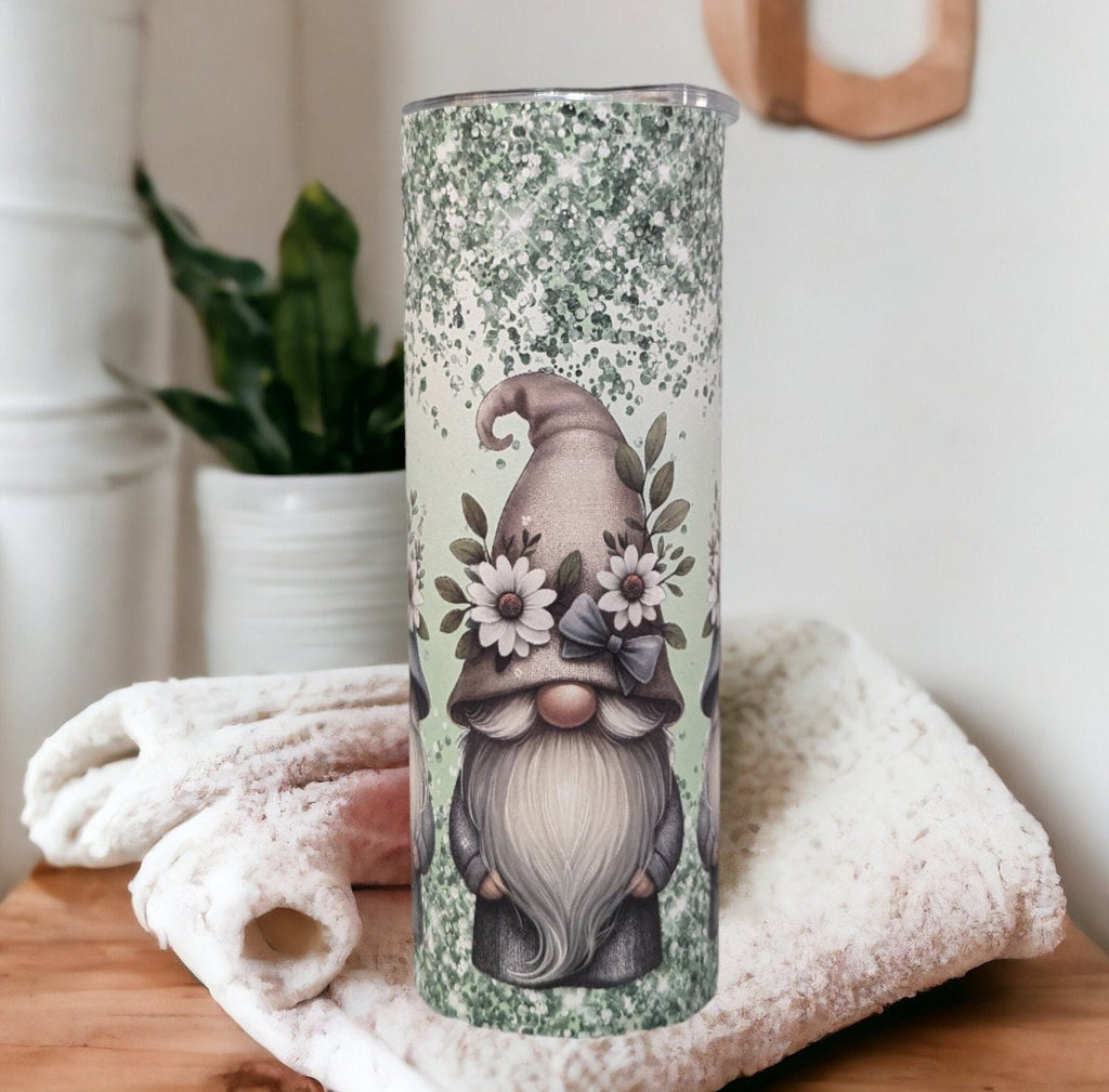 Gnome Tumbler With Daisies and A Glitter Design 20oz With Reusable Straw, Can Be Personalized