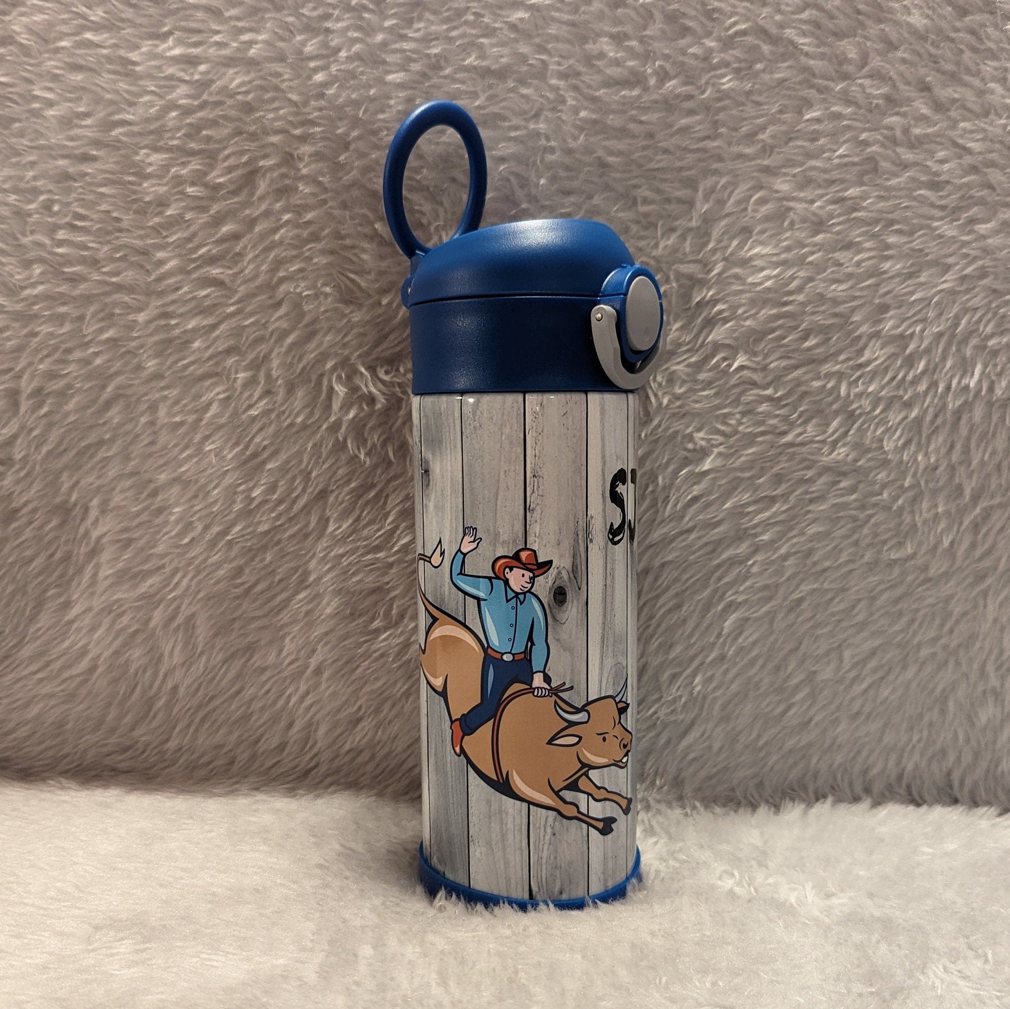 Kids Bull Riding Water Bottle 12oz With Reusable Straw Can Be Personalized