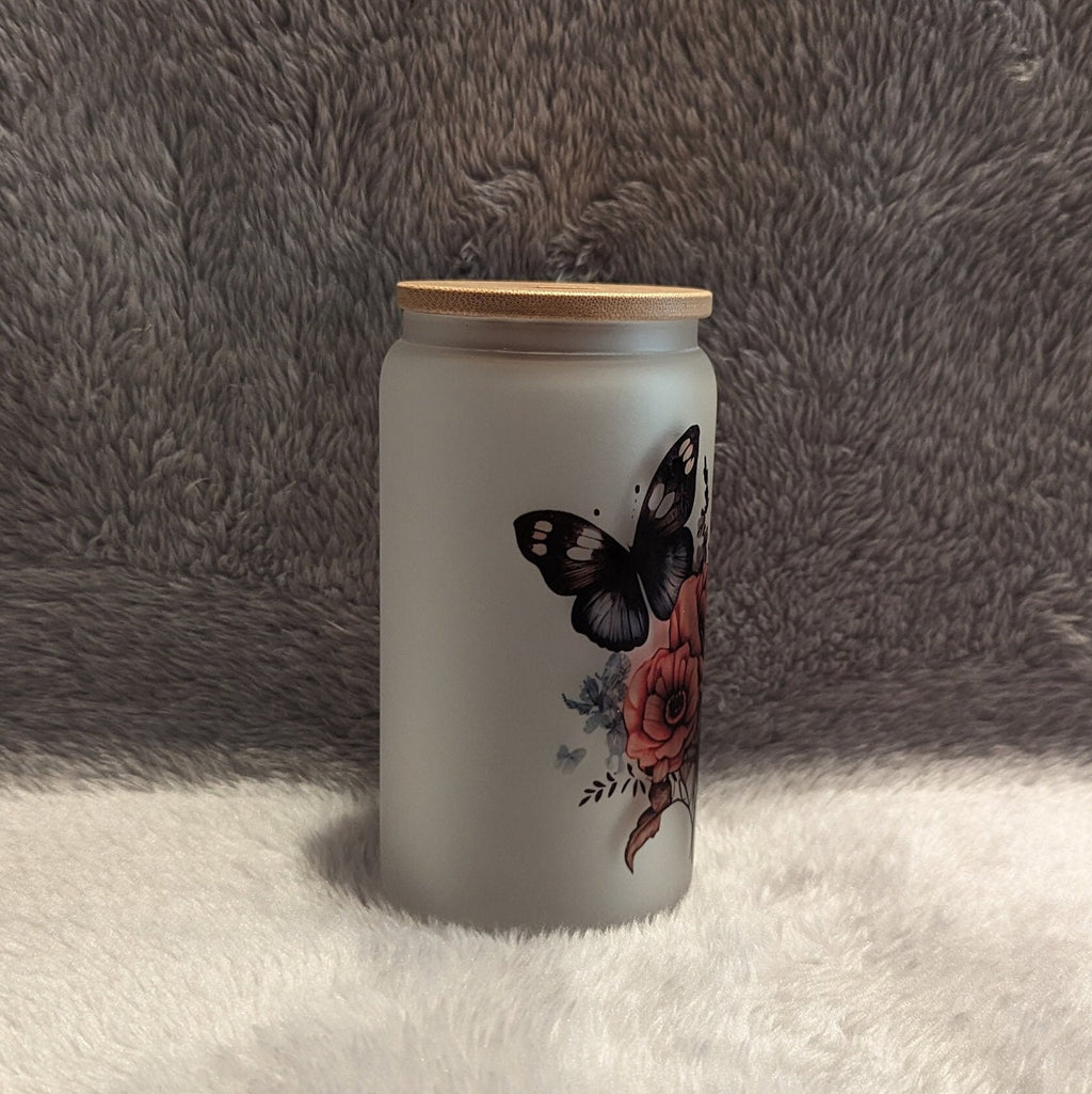 16oz Frosted Butterfly Glass With A Bamboo Lid and Reusable Straw