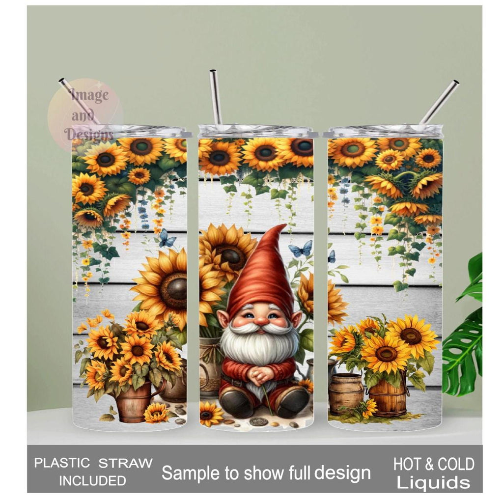 Sunflower Gnome Tumbler 20oz With Reusable Straw, Can Be Personalized