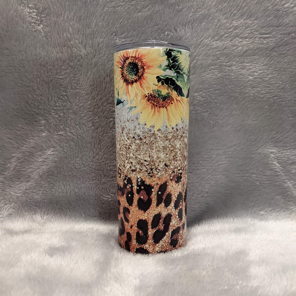 Sunflower Tumbler With Sunflowers Glitter Design and Leopard Print 20oz With Reusable Straw, Can Be Personalized
