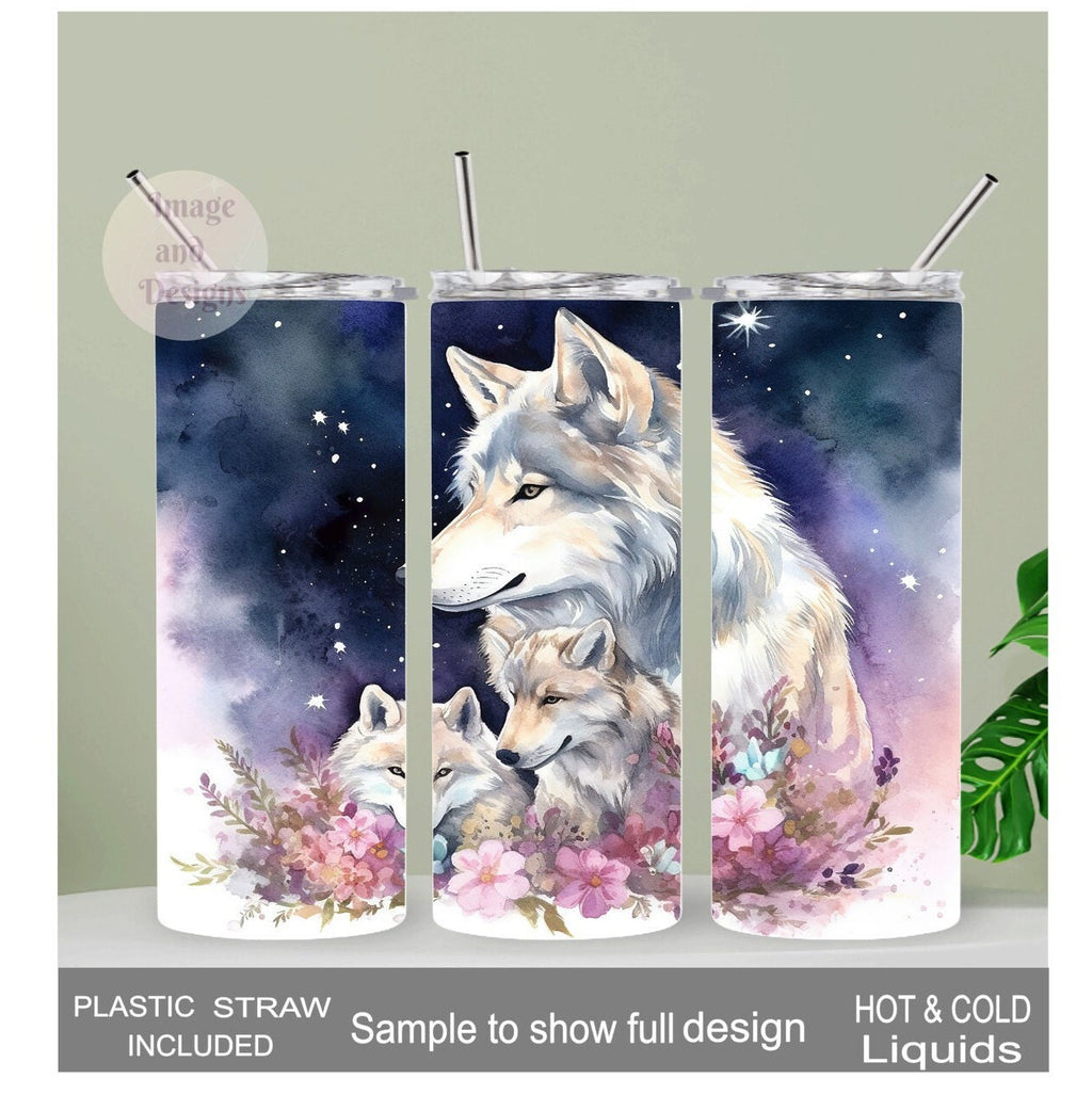 Beautiful Wolf Tumbler With A Wolf and Her Pups 20oz With Reusable Straw, Can Be Personalized